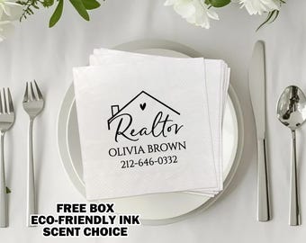 Servilletas personalizadas para agentes inmobiliarios con información de contacto, obsequios de marketing para cierres de bienes raíces, servilletas de cóctel de 3 capas para fiestas de puertas abiertas, decoración para fiestas de agentes inmobiliarios