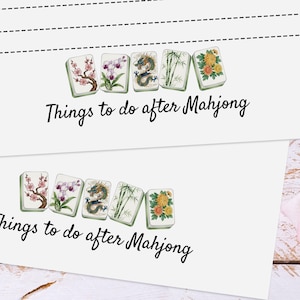 May include: Two white cards with the text "Things to do after Mahjong" and illustrations of Mahjong tiles. The tiles feature images of flowers, a dragon, and bamboo. The top card has dashed lines.