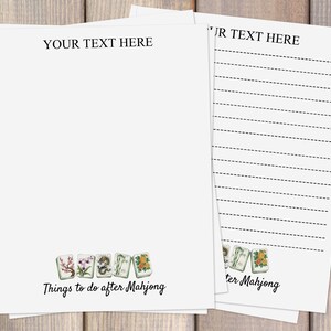 May include: White stationery with the text "YOUR TEXT HERE" at the top and "Things to do after Mahjong" at the bottom. The stationery has a stack of lined and unlined pages with Mahjong tile illustrations.