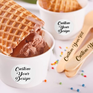 Custom 8 Ounce Ice Cream Cup/Wooden Spoon and Cup Set/Custom Logo Business Ice Cream Cups/Wedding Reception Snack Cups/Birthday Party Decor