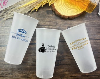 Quinceañera Frosted Cups, Personalized Mis Quince Favors, Sweet 16 Birthday Gifts, 8oz, 12oz, 16oz, 20oz, 24oz, Custom Cups for Party Favors