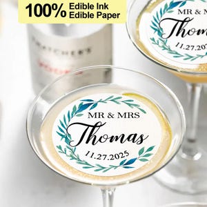 EDIBLE Wedding Drink Toppers/Wedding Decor/Wedding Party Ideas/Minimal Greenery Toppers/Personalized Wedding Cake Topper/Cocktail Toppers