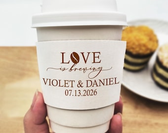 Bulk Custom Love is Brewing Personalized Natural Brown Kraft Coffee Sleeves Wedding Coffee Cups With Sleeves Personalized Coffee Cup Sleeves