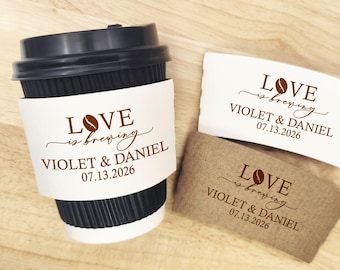 Love is Brewing Wedding Coffee Cup Sleeves, Wedding Party Decor, Bulk Coffee Sleeves for Wedding/Engagement Party, Paper Coffee Cup Sleeves