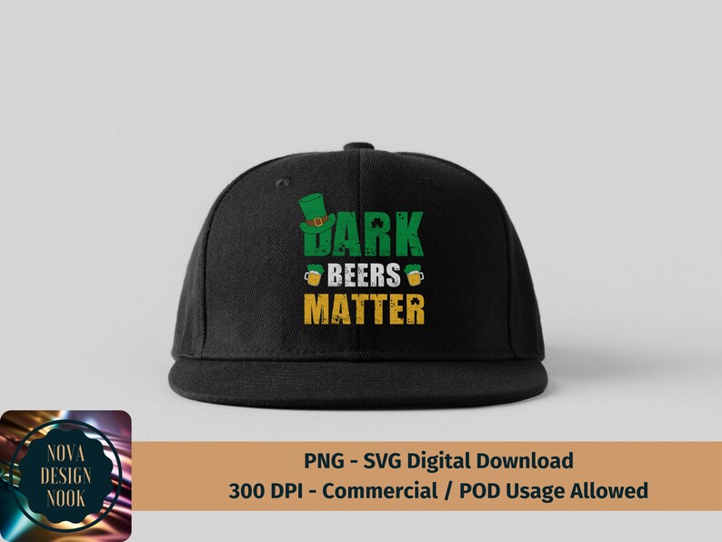 May include: Black baseball cap with a green shamrock and the text "Dark Beers Matter".