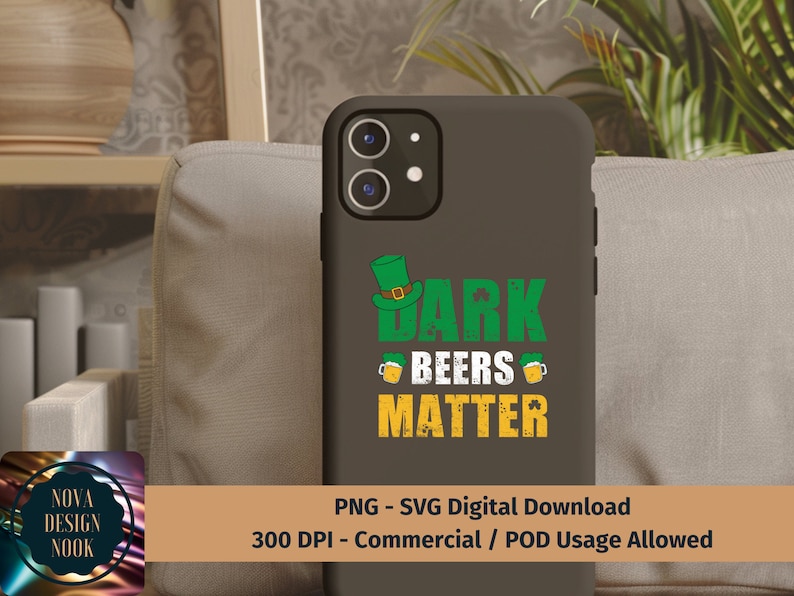 May include: A green, white, and yellow phone case with a leprechaun hat and the text "Dark Beers Matter".