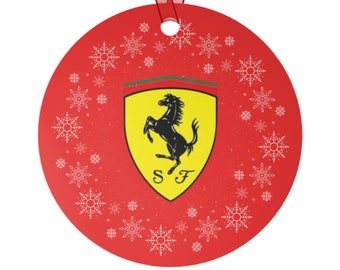 Ornamento de árvore de Natal com logotipo da Ferrari F1 Fórmula 1 Carros de corrida vermelhos Leclerc Sainz flocos de neve cavalo decoração de quarto de adolescente