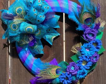 Peacock Feather Wreath - Vibrant Blue and Purple Ribbon, Exotic Door Decor, Luxurious Handmade Accent