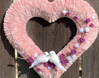 Cherished Union Heart Wreath - Soft Pink Elegance, Lovebirds, Wedding & Anniversary Decor