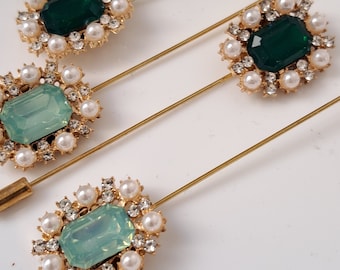 Jade Pearl Lapel Pin: Gold Rhinestone Brooch, Handmade