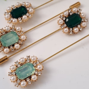 Jade Lapel Pin, Gold, Men Buttonhole, Pearl Lapel Pin,  Rhinestone Brooch Pin, Groomsmen Accessories, Vintage Lapel Pin, Gift for Him