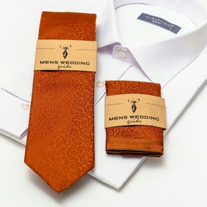 Burnt Orange Men's Tie and Pocket Square Set for Weddings, Orange Tie for Prom, Groom Accessories, Orange Men Tie,Groomsmen Necktie.