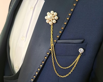 Épinglette perle, broche chaîne en or, bijoux de marié