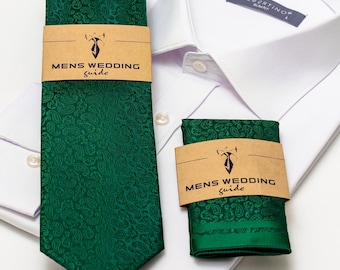 Ensemble cravate et mouchoir de poche verts pour mariages, cravate pour homme verte, cravate verte pour bal de promo, ensemble de cravate verte, cravate