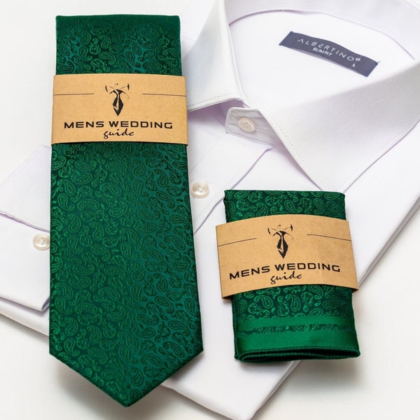 Ensemble cravate et mouchoir de poche verts pour mariages, cravate pour homme verte, cravate verte pour bal de promo, ensemble de cravate verte, cravate