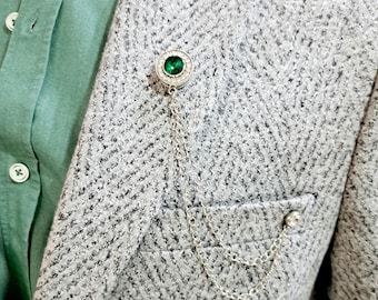 Silver Color Green Handmade Initial Chain Lapel  Brooch, Groomsmen Gift, Birthday Gift, Green Collar Brooch, Gifts For  Man, Men jewellery