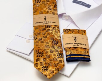 Mustard Tie, Wedding Tie Groomsmen, Groom Necktie and Pocket Square Set, Handkerchief Wedding, Groomsmen Accessories, Ring Bearer Tie
