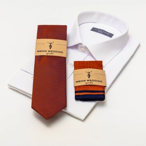 Burnt Orange Men&#39;s Tie and Pocket Square Set for Weddings, Orange Tie for Prom, Groomsmen Necktie Gift Set, Orange Men&#39;s Tie Set. Cravat.