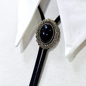 Western Cowboy Tie, Bolo Tie Black Onyx Stone, Real Leather Cord, Retro Accessories Wedding Groomsmen Gift, Brass Bolo Tie, Boho Necklace