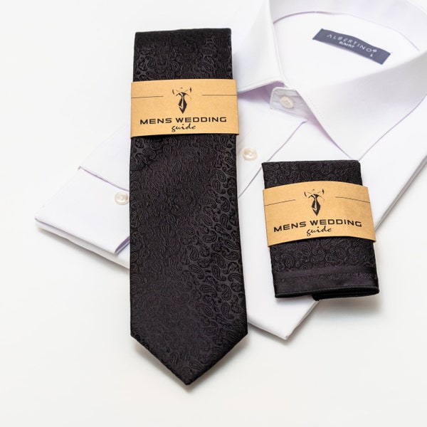 Cravate pour homme. Cravate florale, ensemble de pochettes pour mariages, cravate noire pour bal de promo, accessoires de garçons d'honneur, cravate de marié, cravate pour porteur d'alliances