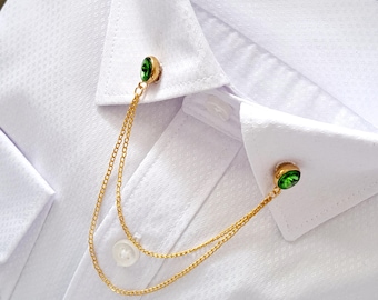 Green Collar Chain for Shirts , Gifts For Man, Men&#39;s Jewellery Accessory Wedding Groomsmen Gift, Jacknet Collar Pin, Lapel Brooch,