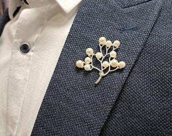 Silver Tree of Life Lapel Pin: Pearl Wedding Boutonniere