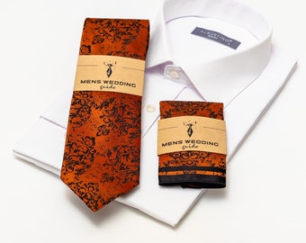 Cravate orange vif en soie à motif cachemire avec option pochette de costume assortie. Cravate pour marié, garçon d'honneur.