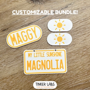 Customizable Sunny Theme Side Badges, Front Badge, and License Plates Compatible With Little Tikes Cozy Coupe | Cozy Coupe Accessories