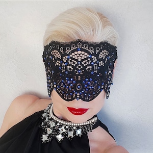 Black lace mask with blue rhinestones, Half face mask, Secret party mask, Masquerade mask, Boudoir photo shoot mask, Mardi Gras mask
