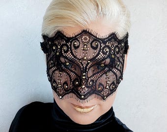 Black Lace Masquerade Mask with Gold Rhinestones, Half Face Mask, See Through Mask, Gothic Wedding Mask, Vampire Masquerade Mask