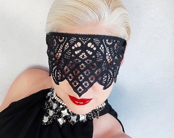 Black Lace Face Mask, Bachelorette Party Mask, Masquerade Black Lace Venetian Mask, Gothic Wedding Mask, Blindfold Lace mask, gift for her