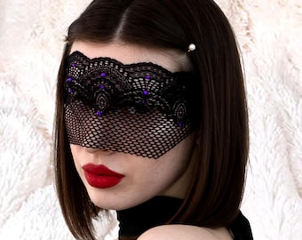 Masque voile de mascarade en dentelle noire avec strass violets - Masque pour les yeux en dentelle gothique, costume d'Halloween, fête, bal, accessoire de festival