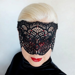 Black Lace Mysterious Mask with Red Rhinestones, Hiding Face Mask, Black Lace Masquerade Mask, Mardi Gras Mask, Halloween Mask, Unisex Mask