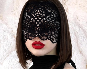 Black Lace Full Face Masquerade Mask with Rhinestones, Gothic Style Lace Mask, Festival & Halloween Face Covering, Lace Party Mask