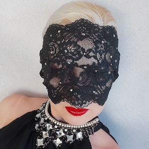 Black Lace Masquerade Mask, Sheer Lace Mask, Full Face Mask, See Through Mask, Burlesque show Mask, Bachelorette party Mask, Carnival Mask