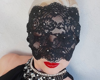 Black Lace Masquerade Mask, Sheer Lace Mask, Full Face Mask, See Through Mask, Burlesque show Mask, Bachelorette party Mask, Carnival Mask