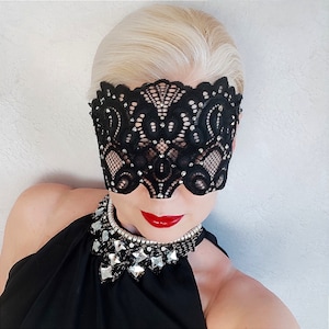 Gothic Black Eye Mask with Rhinestones, Mardi gras Mask, Lace Eye Mask, Veil Masquerade Ball, Halloween,Hen Party Night, Bachelorette Party