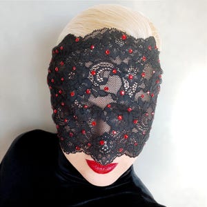 Sheer Lace Masquerade Mask with Red Rhinestones – Elegant Gothic Mask for Women – Bachelor Party Mask- Cosplay Mask