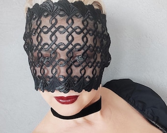 Black Lace Masquerade Mask, Mystery Mask, See Through Mask, Gothic Veil Mask, Sheer Lace Full Face Mask
