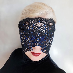 Black Lace Masquerade Mask with Blue Rhinestones, Full Face Lace Mask for Women, Cosplay Festival Mask, Gothic Party Blindfold