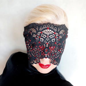 Vampire Party Mask with Red Rhinestones, Gothic Wedding Mask, Black Lace Masquerade Ball Mask, Incognito Mask, See through Mask