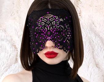 Black Gothic Lace Masquerade Mask with Fuchsia Rhinestones – Halloween, Vampire, Dark Fantasy, Cosplay Party