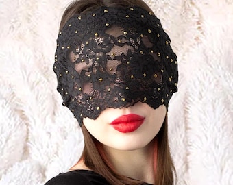 Black Lace Masquerade Ball Mask with Gold Rhinestones, Incognito Mask, Vampire Party Mask, Full Face Mask, Cosplay Mask