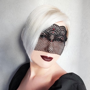 Black Lace Mask with Red Rhinestones, Masquerade Mask, Half Face Mask, Mardi gras Mask, Black Veil