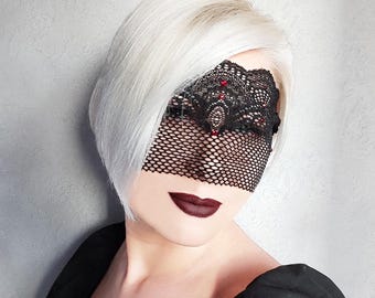 Black Lace Mask with Red Rhinestones, Masquerade Mask, Half Face Mask, Mardi gras Mask, Black Veil