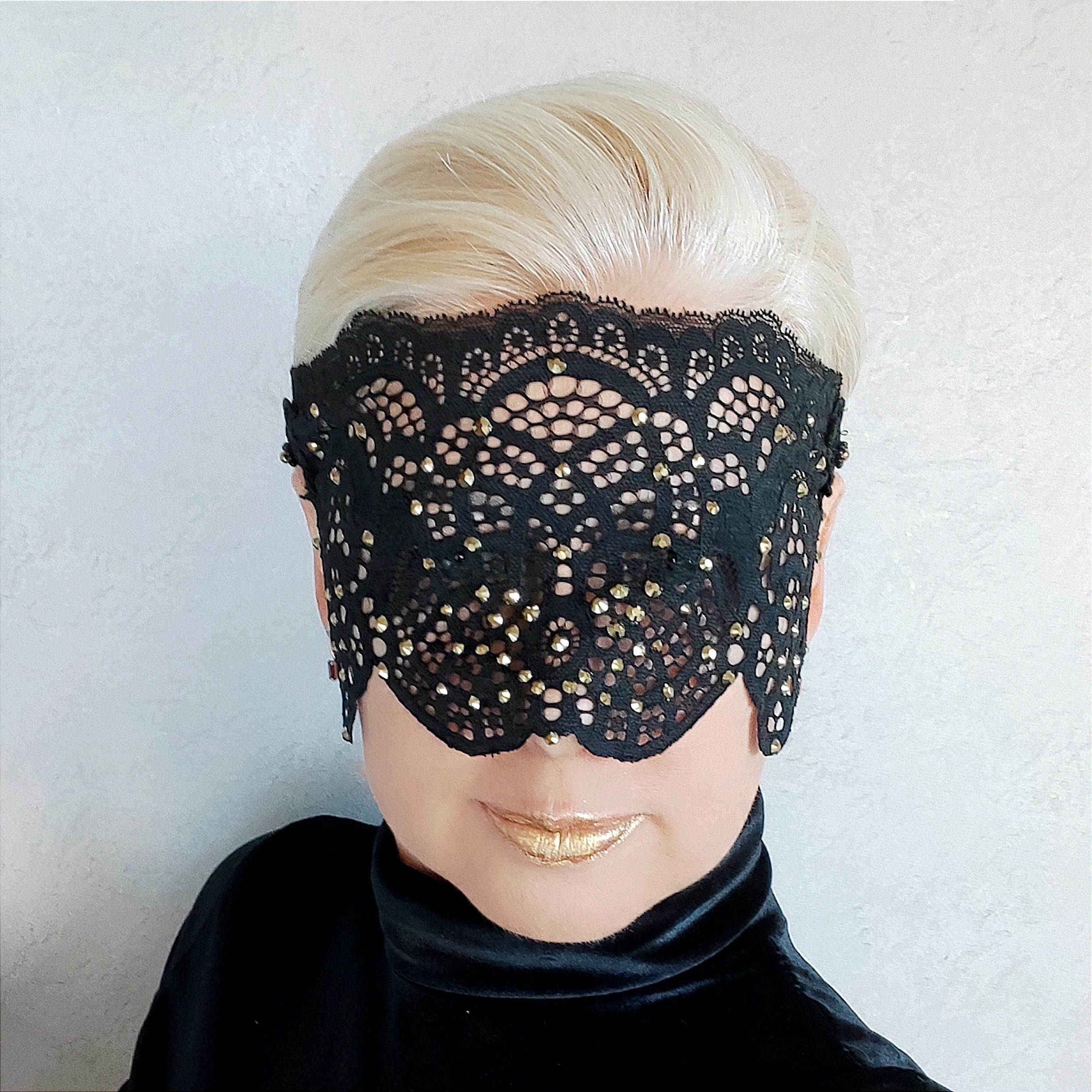 Black Lace Eye Mask With Gold Rhinestones, Half Face Mask