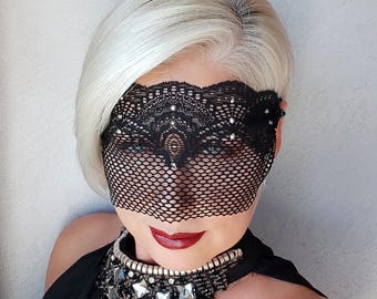 Half Face Veil Mask, Black Lace Eye Mask, See Through Mask, Masquerade Ball Mask, Roleplay Mask, Mystery Mask