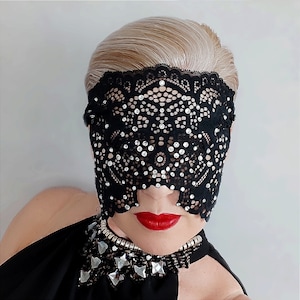 Black Lace Masquerade Mask, Full Face Mask, See Through Mask, Burlesque show Mask, Roleplay Mask, Rhinestones Mask