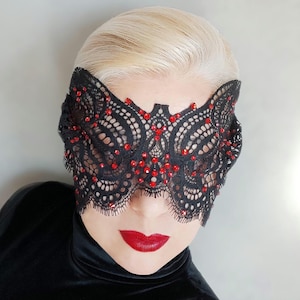 Masquerade Ball Mask with Red Rhinestones, Black Lace Unisex Mask, Gothic Wedding Mask, Festival Mask, Vampire Party Mask