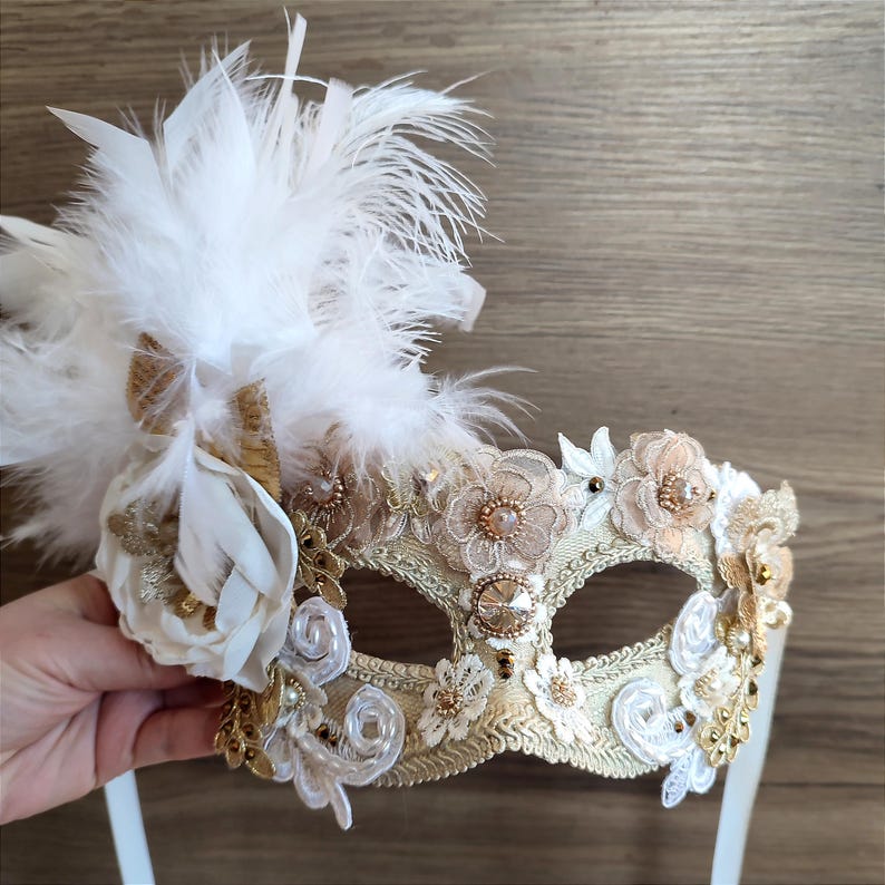 White Feather Masquerade Mask, Gold Venetian Mardi Gras Luxury Lace